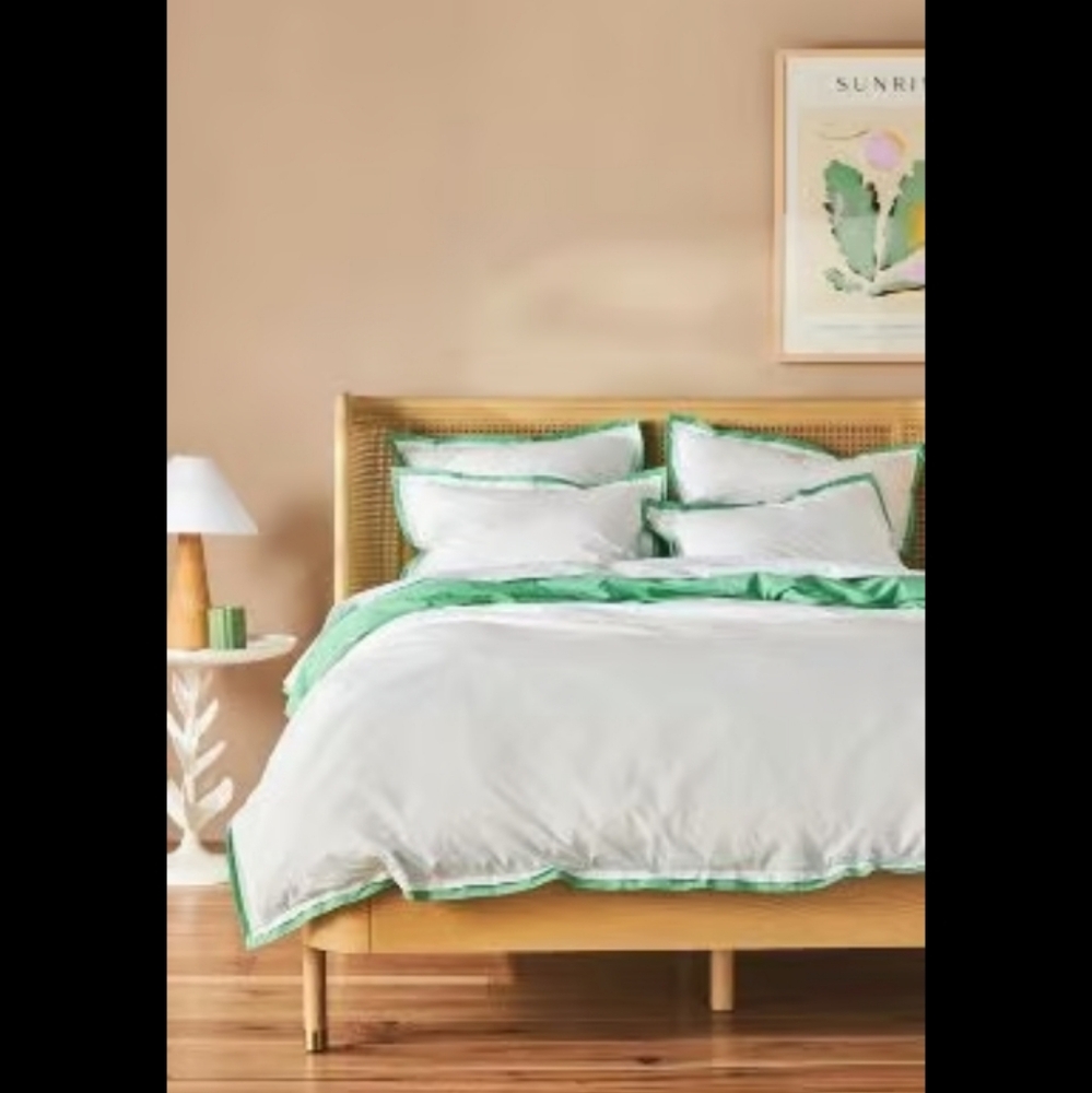 Anthropologie Tipped Contrast Percale Duvet Cover - Green 100% Cotton - Picture 11 of 11